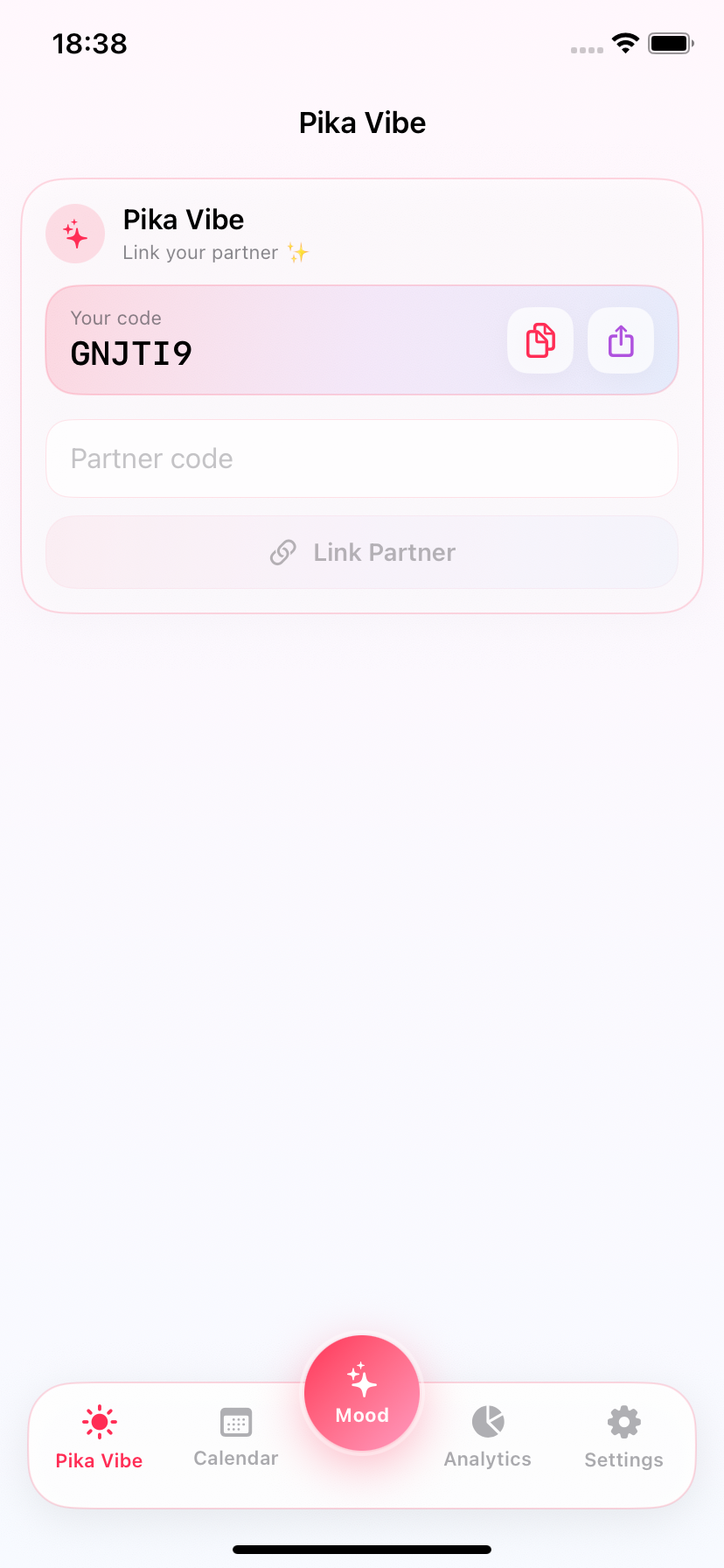 PikaMood partner code screen