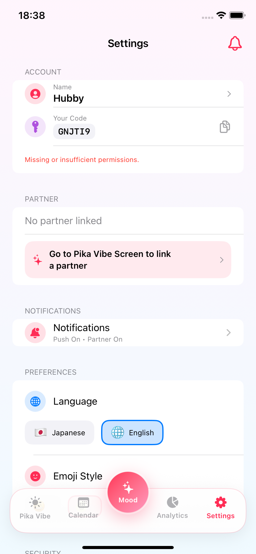 PikaMood settings screen